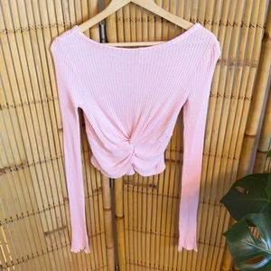 Free People Vibrant Pink Waffle Knit Cinched Tie-back Cropped Pullover Top Small